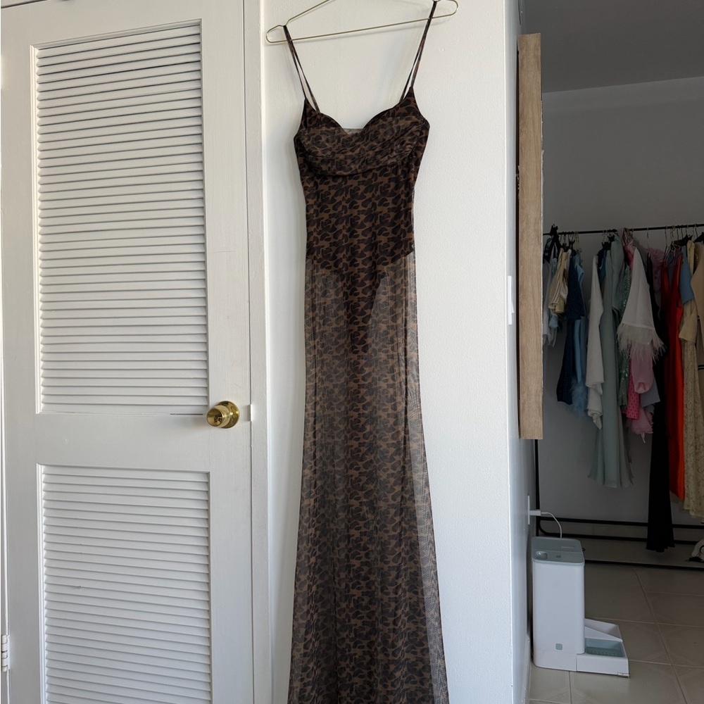 Sheer Brown Leopard Print Maxi Dress